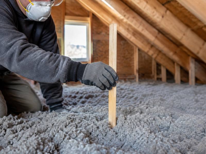 Worker measuring the depth of grey loose-fill insulation with a ruler before insulation removal