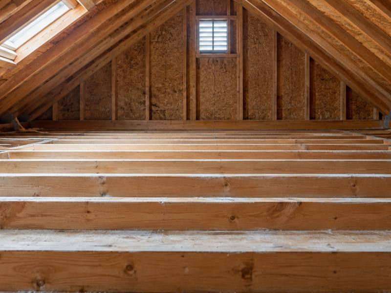 Empty attic with bare joists and clean drywall after a full insulation removal in St. Thomas